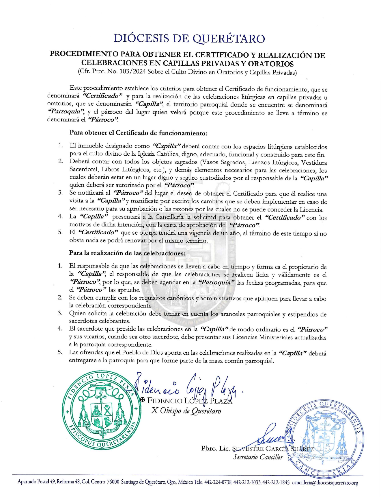 COMUNICADO N. 28/2024. Asunto: Sobre el Procedimiento para obtener el certificado y realización de celebraciones en capillas privadas y oratorios nuestra Diócesis.